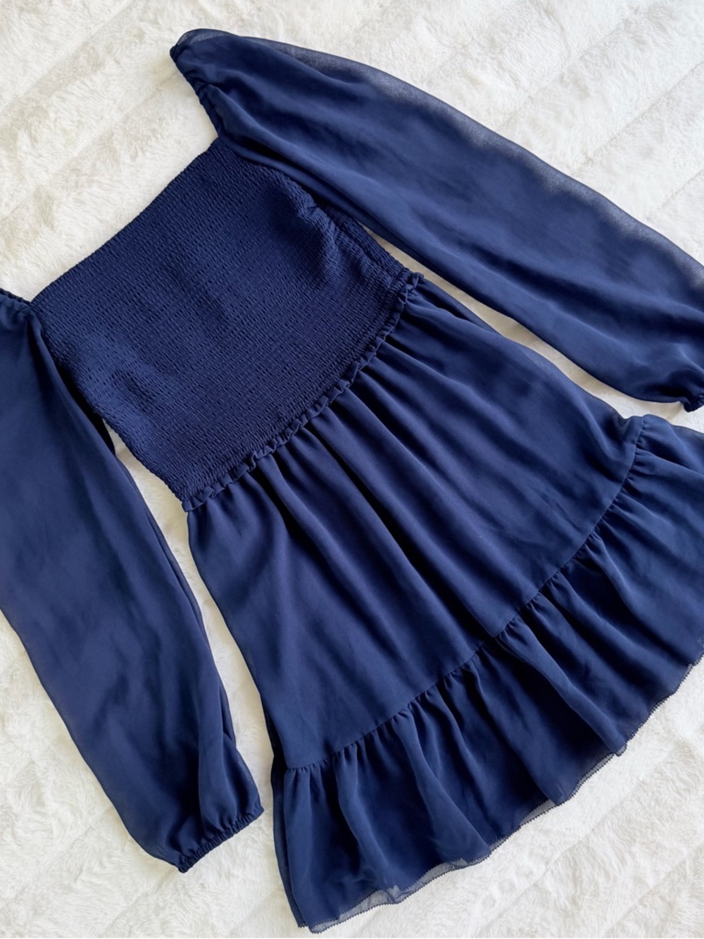 NOT FOR SALE Wilfred Navy Smocked Mini Dress Sheer Sleeves Size S - Picture 2 of 11